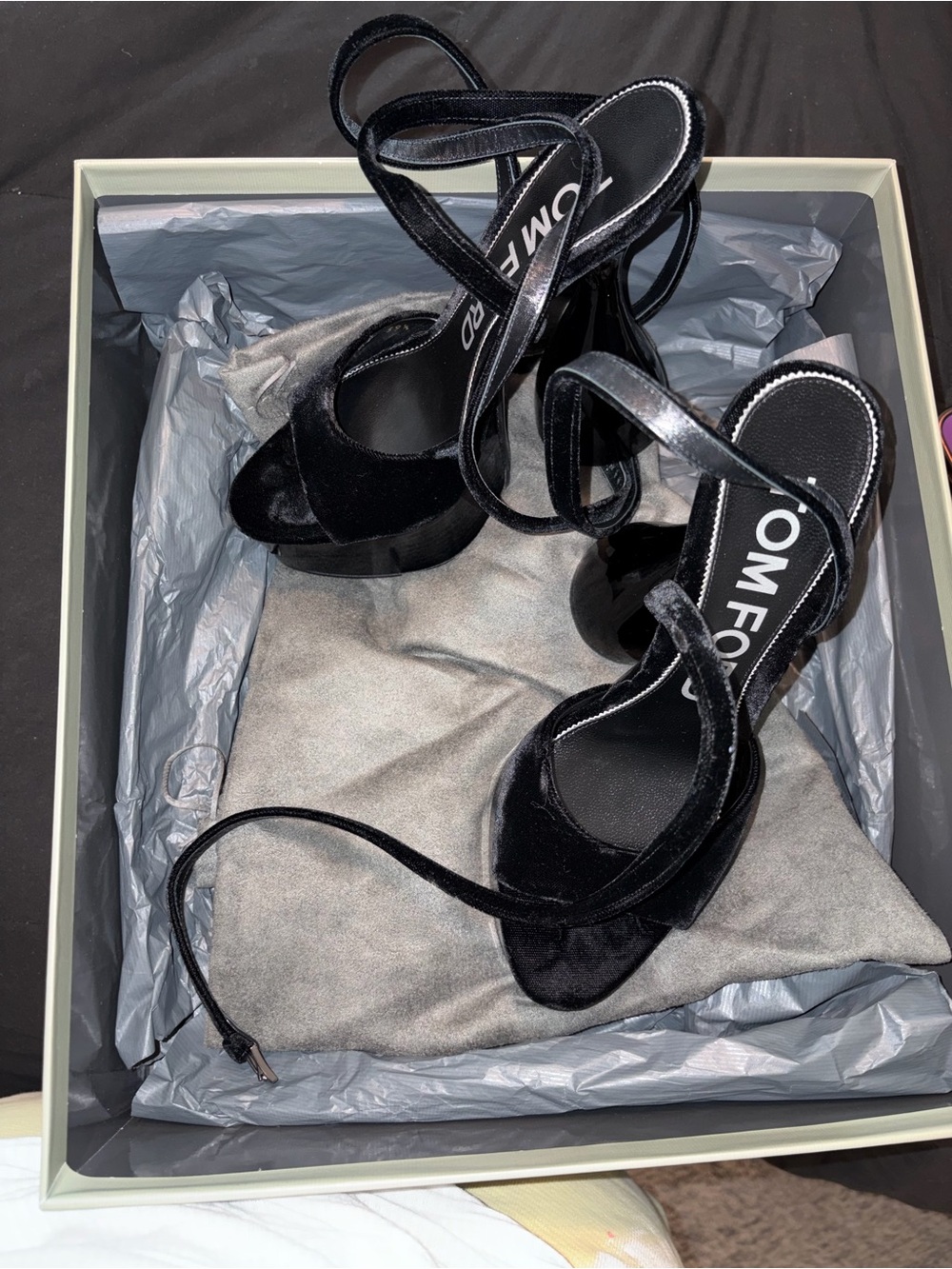 Tom Ford Black Patent and Velvet Platform Sandals - Picture 4 of 5